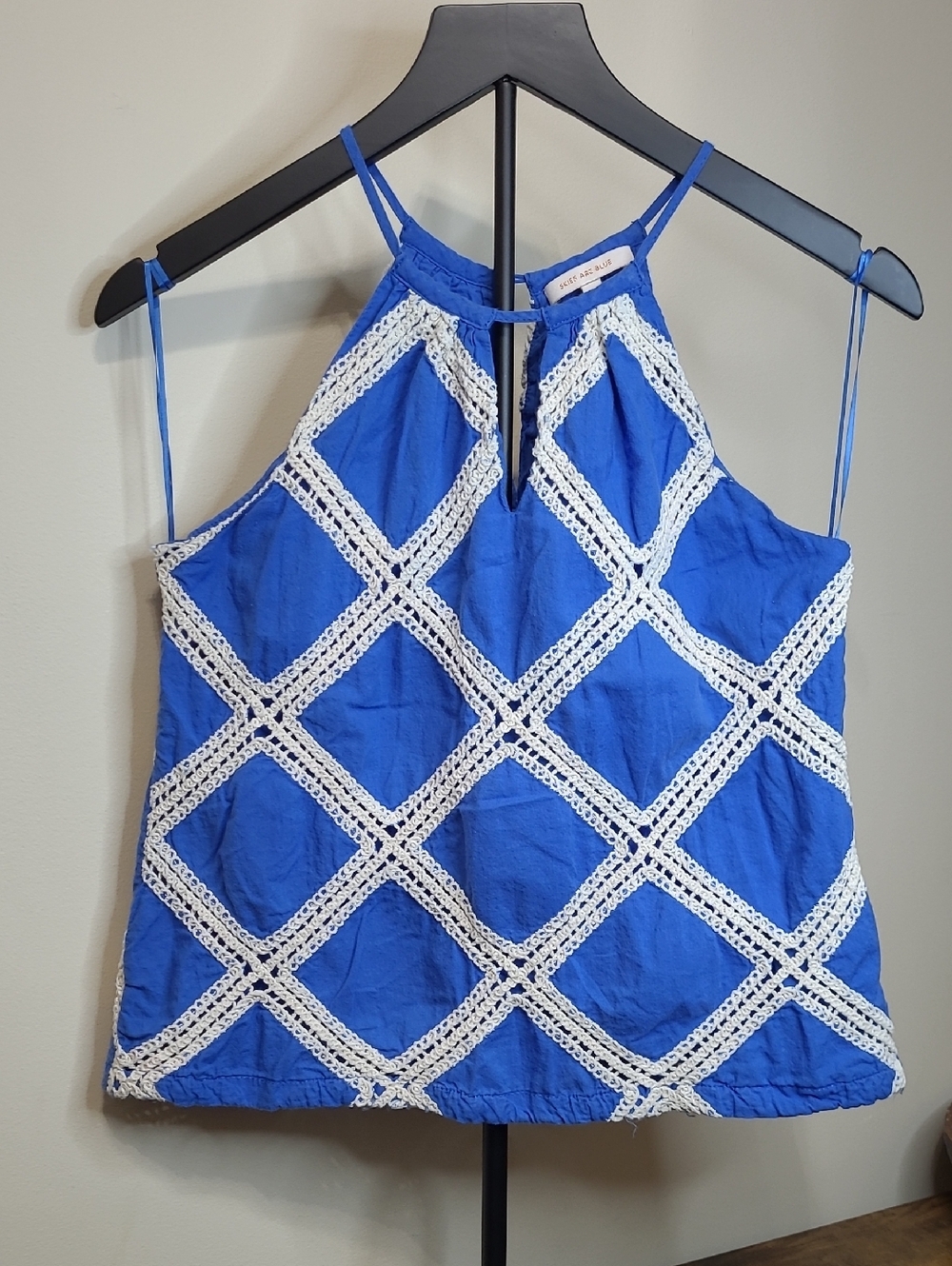 Skies Are Blue Royal Blue Halter Camisole with Creamy White Crochet Design (S)